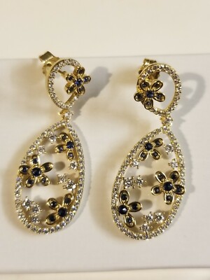 Flower Pattern Sterling Silver with Lab created Sapphire Earrings