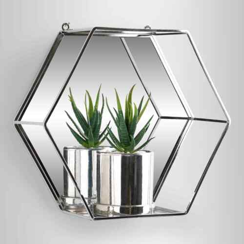 New Silver Hexago Mirror Shelf Metal, Mirrored Glass Wall Shelf