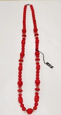 Cherry Red Lucite Silver Tone Metal Beaded Necklace 30 Inches Vintage NOS