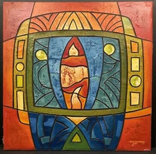 Vintage Signed 3D Thick Texture Abstract Acrylic Painting on Canvas 