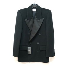 SAINT LAURENT PARIS Double-Breasted Tuxedo Detail Long Coat Black Size 46