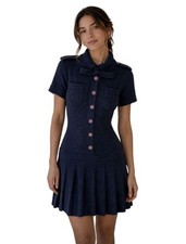 Chanel 2016 Short Sleeve Wool Blend Tweed Mini Dress Navy Blue - Size 38