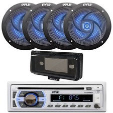 Pyle Bluetooth CD Radio, 4x 4" 100W Blue Flash LED Boat Speaker, Cover Black 