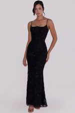 HOUSE OF CB 'Naima' Black Hand Beaded Corset Maxi Dress S 8/10 A-C CUP 5655