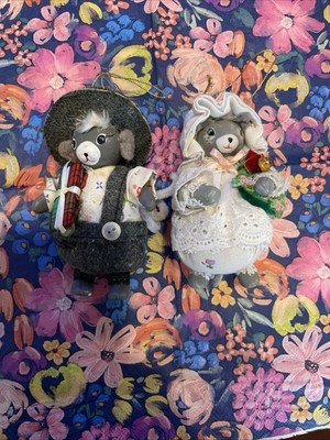 Vintage Mr & Mrs Mouse DOLLS Grey Festive Clothes CHRISTMAS ORNAMENTS 4.5''