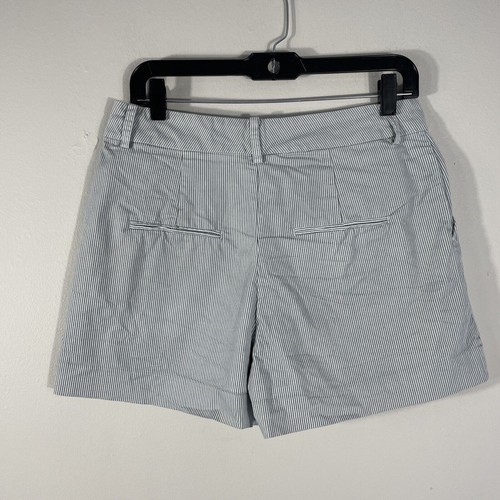 MNG Mango Shorts Women 8 High Rise Flat Front Chino Preppy Gray Green Stripes - Picture 2 of 9