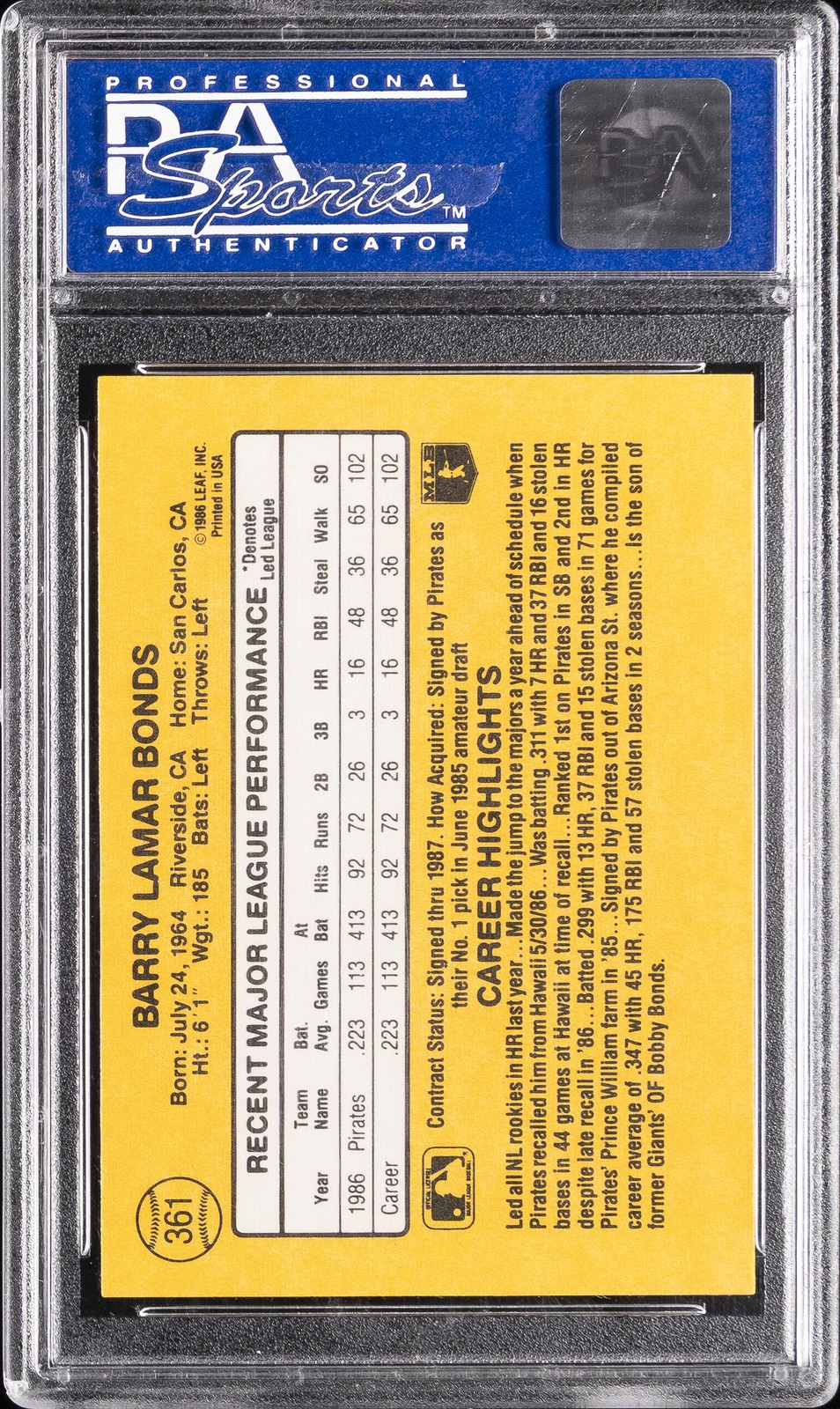 1987 DONRUSS #361 BARRY BONDS ROOKIE RC PSA 9 view 2