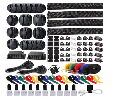 300PCS Cable Management Kit Sleeves Clips Straps Ties Mounts for Desk PC TV