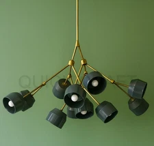 Vintage Stilnovo Kalmar Chandelier | 12 Bowl Shades Italian Brass Ceiling Light