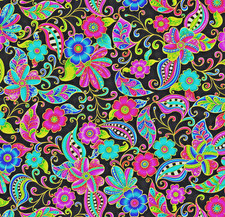 BERNARTEX FABRIC- ALLURING BUTTERFLIES FLORAL PAISLEY ON BLACK - 1 1/2 Y