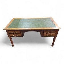 Antique Kneehole Writing Desk Green Leather Top 4 Drawer Oak Desk Large