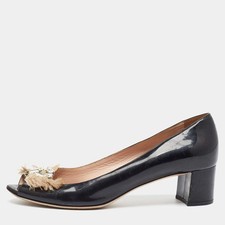 Miu Miu Size 38.5 Black Patent Leather Crystal Embellished Block Heel Peep Toe