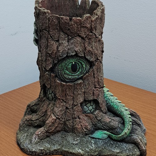 Synthetic Polyresin Tree Stump Aquarium Ornament with Dragon Eye, Brown Green