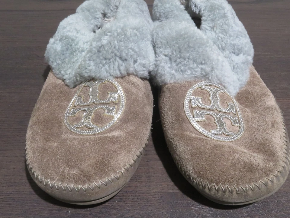 Tory Burch Slippers Womens Size 7 Tan Suede Shearling Fur Lined Coley Shoes - Image 2 of 4