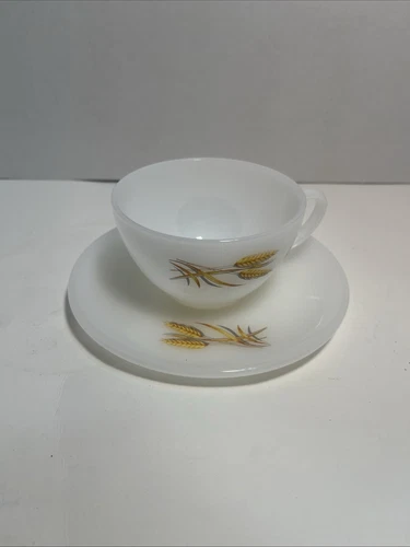 Fire King Milk Glass Coffee Cup & Saucerr w/Wheat stalks on front. USA 980