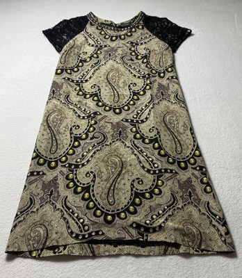 ETRO 100% Silk Dress Women s US 4 IT 40 Paisley Lace Black & Beige Mini Shift