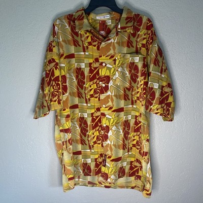 90s Vintage Y2K Marc Ecko 72 Hawaiian Button Shirt Yellow Red Floral Sz XL Flaws
