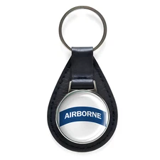 Airborne Black Leather Keychain Silver Keyring Military Gift