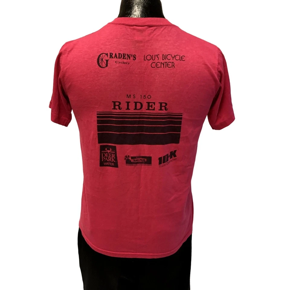 Vtg 80's Russell 1989 MS 150 BIKE Tour Cycling RIDIER Hot PINK 50/50 T Shirt USA - Image 2 of 4