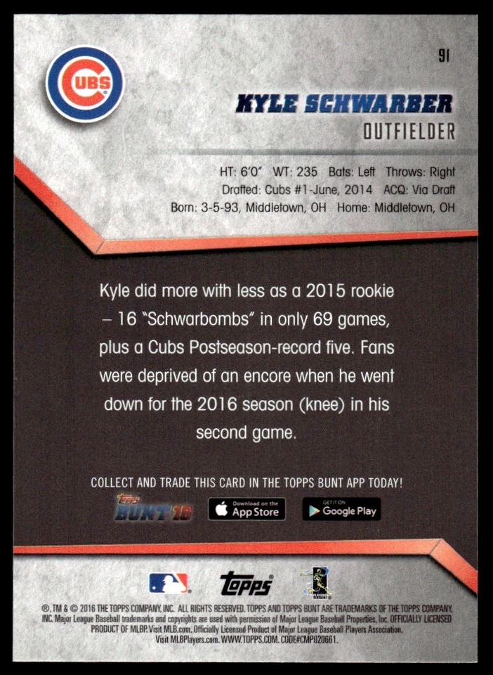 2016 Topps Bunt -RC- Kyle Schwarber Rookie Chicago Cubs #91 - Image 2 of 2