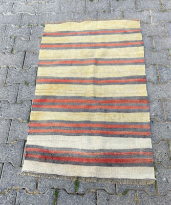 Yellow Striped Vintage Kilim, 2.3x4.0 ft Small Rug, Antique Turkish Kilim Rug