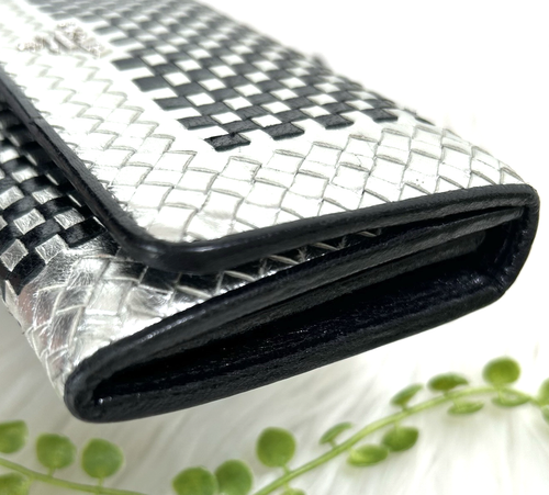PRADA Braided Leather Madras Long Wallet Silver/Black - Picture 6 of 22