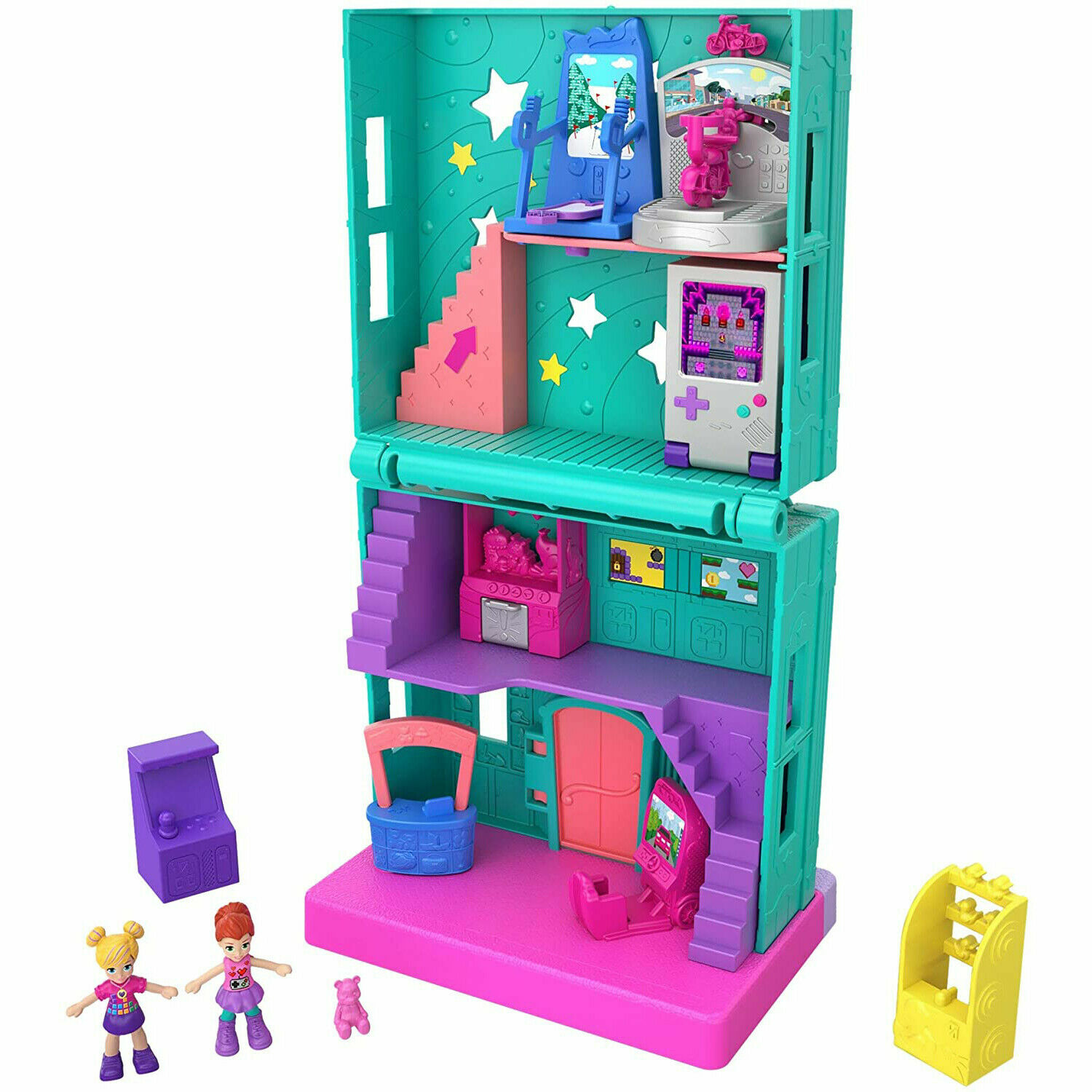 2 Polly Pocket Micro Dolls Pollyville Shopping Arcade 4 Floors Play Set Stickers
