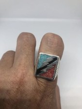 Vintage Southwestern Silver White Bronze 8.25 Men's Inlay Lightning Bolt Ring