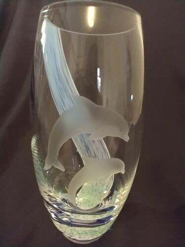 Lenox Scotland Art Glass Undersea Paradise Frosted Dolphins Clear to Blue Vase - Picture 1 of 11