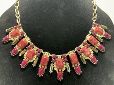 Vtg Victorian Style Bib Statement Necklace Red Stone W Rhinestones Gold Tone