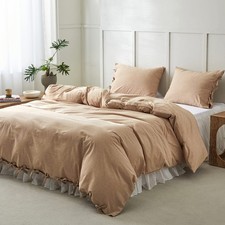 Biselina 100 Washed Cotton Duvet Cover Set 3Pcs Bowknot Ties Strap Solid Color