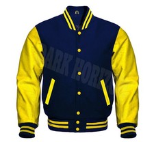Varsity Letterman Navy & Yellow Cowhide Leather Bomber College Baseball  Jacket