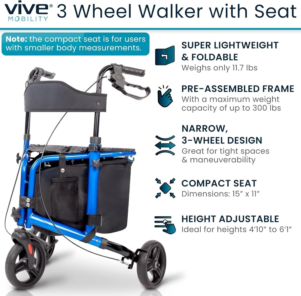 Vive 3 Wheel Walker with Seat - Tri Rollator Walker for Seniors and Adults - ... - Image 4 of 4