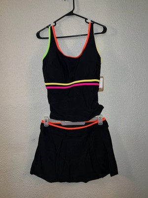 Contrast Piping Modest Tankini Set, D+ Cup Full Support U-Neck Two Piece 2XL