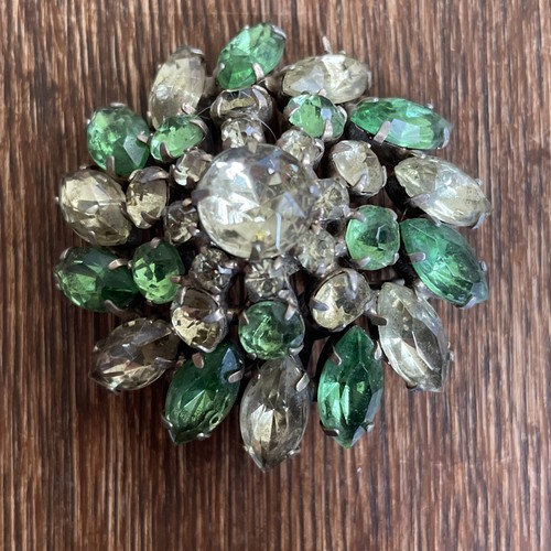 ๐ VTG Sunburst Flower Brooch Marquise Round Green Rhinestones Gold Tone Pin 77