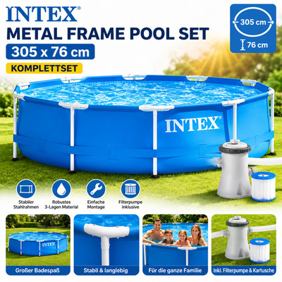 INTEX Metal Frame Pool Set 305x76 cm 10ft x 30in Stahlrahmenpool Komplettset