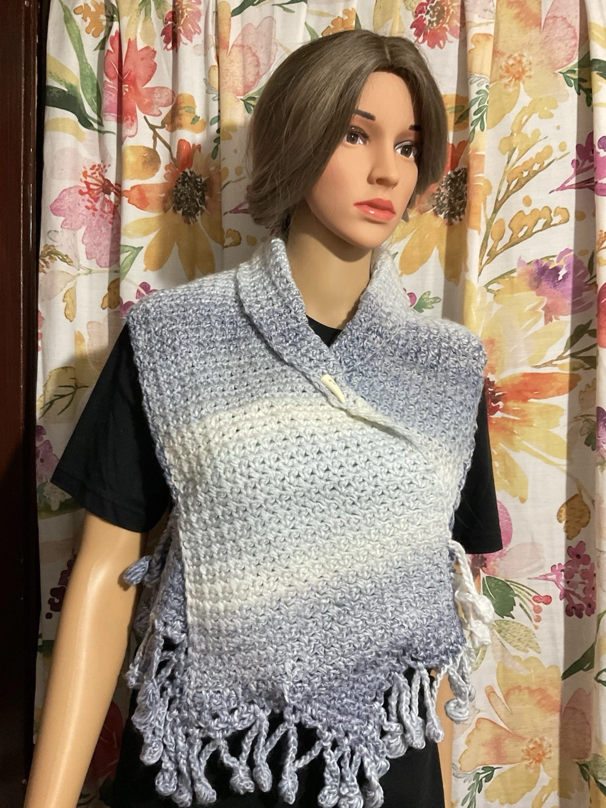 Medium Handmade Crochet Blue Gray,Scarf Poncho Holder Cellular,