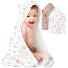 2 Pack Muslin Hooded Baby Towels 100 Cotton Taupe Soft Blooms 32x32 Inch