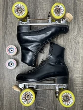VTG Riedell 220 Red Wing Roller Skates Sz 6 Black Chicago Plate Hyper Rollo Whls
