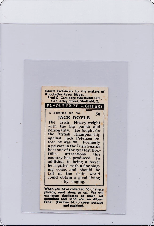 1938 Fred C. Cartledge Razors Famous Prize Fighters - Jack Doyle #50 - Image 2 of 2