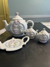 4pc Precious Moment Teapot Salt Pepper Shakers Teabag Holder Vtg 1993
