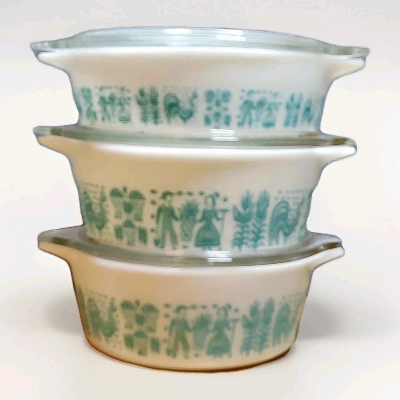 3 Vintage Pyrex Casserole Covered Dishes +Lids 1-1/2 Pt, 1 Qt Amish Butter Print