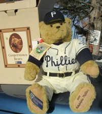 VINTAGE TEDDY BEAR COOPERSTOWN 1945 PHILADELPHIA PHILLIES UNIFORM TAGS BOX XTRAS
