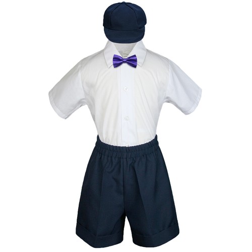 4pc NAVY BLUE Shorts+Hat Set Boy Toddler Formal outfits Pick Color Bow Tie - Picture 11 of 25