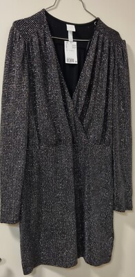 H&M Womens Black Silver Glitter Faux Wrap Plunge Midi Long Sleeve Party  Dress | eBay UK