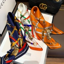 100% Mulberry Silk 21'' Small Scarf Women Vintage Neckerchief Wrap Orange Chains