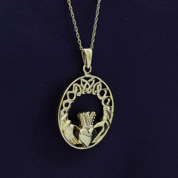 Alternate view of Celtknot Claddagh Pendant Necklace 14k Yellow Gold Plated 925 Silver