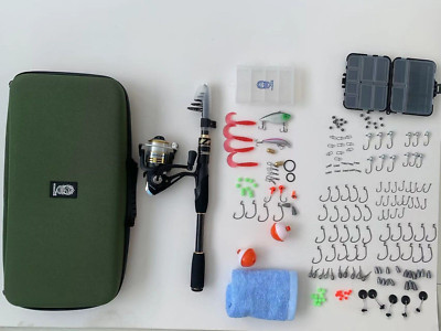 Fishing combo- Fishing Rod, Reel, Hooks, Line, Lures, and Bag