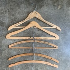 Lot 5 Vintage Wooden Clothes Hangers with Advertising - Canada, Hilton, Portland