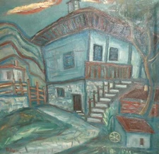 Expressionist oil painting landscape of village house signed
